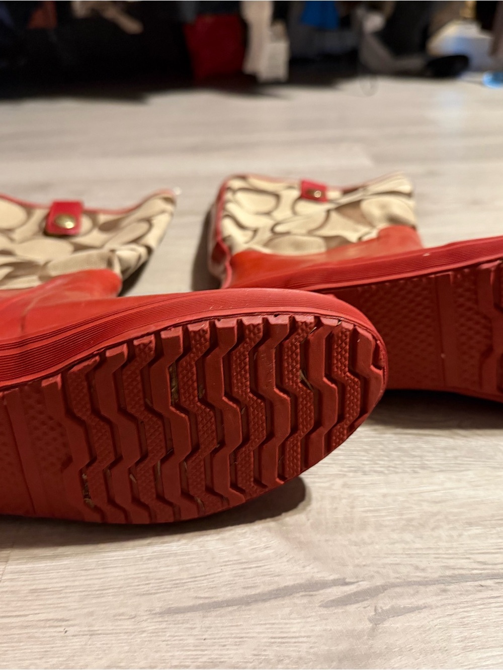Coach Red Rubber & Beige Signature Logo Mid-Calf Rain Boots - Picture 2 of 2